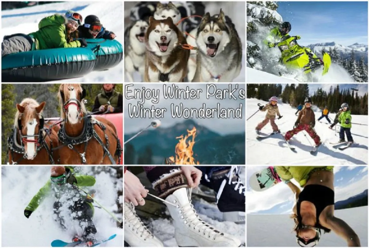 An action-packed winter scene featuring families snow tubing, kids skiing, huskies pulling sleds, snowmobiles, and a cozy fire pit surrounded by winter fun. Children and adults are smiling, bundled up, and enjoying snowy adventures together.