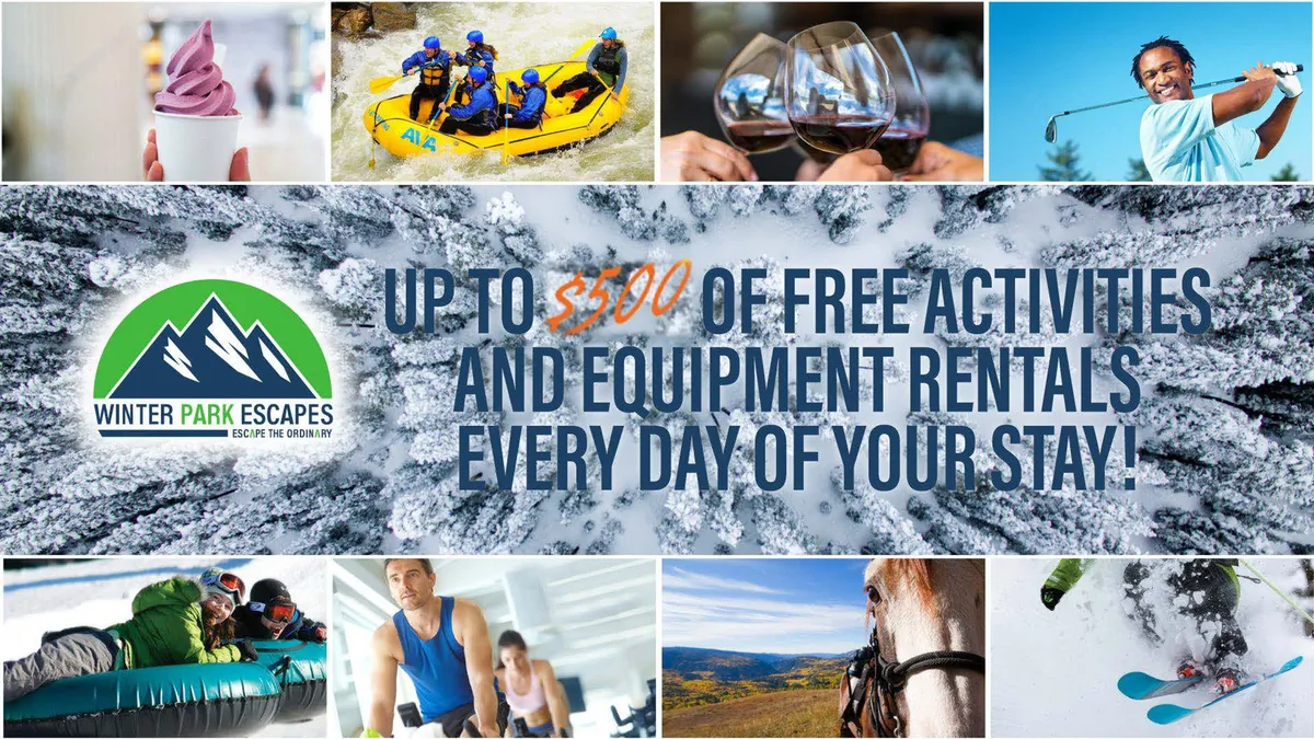 A vibrant collage of outdoor activities, including scenes of white-water rafting, skiing, horseback riding, golfing, ice skating, and enjoying local food. The image captures people mid-adventure in beautiful natural settings.