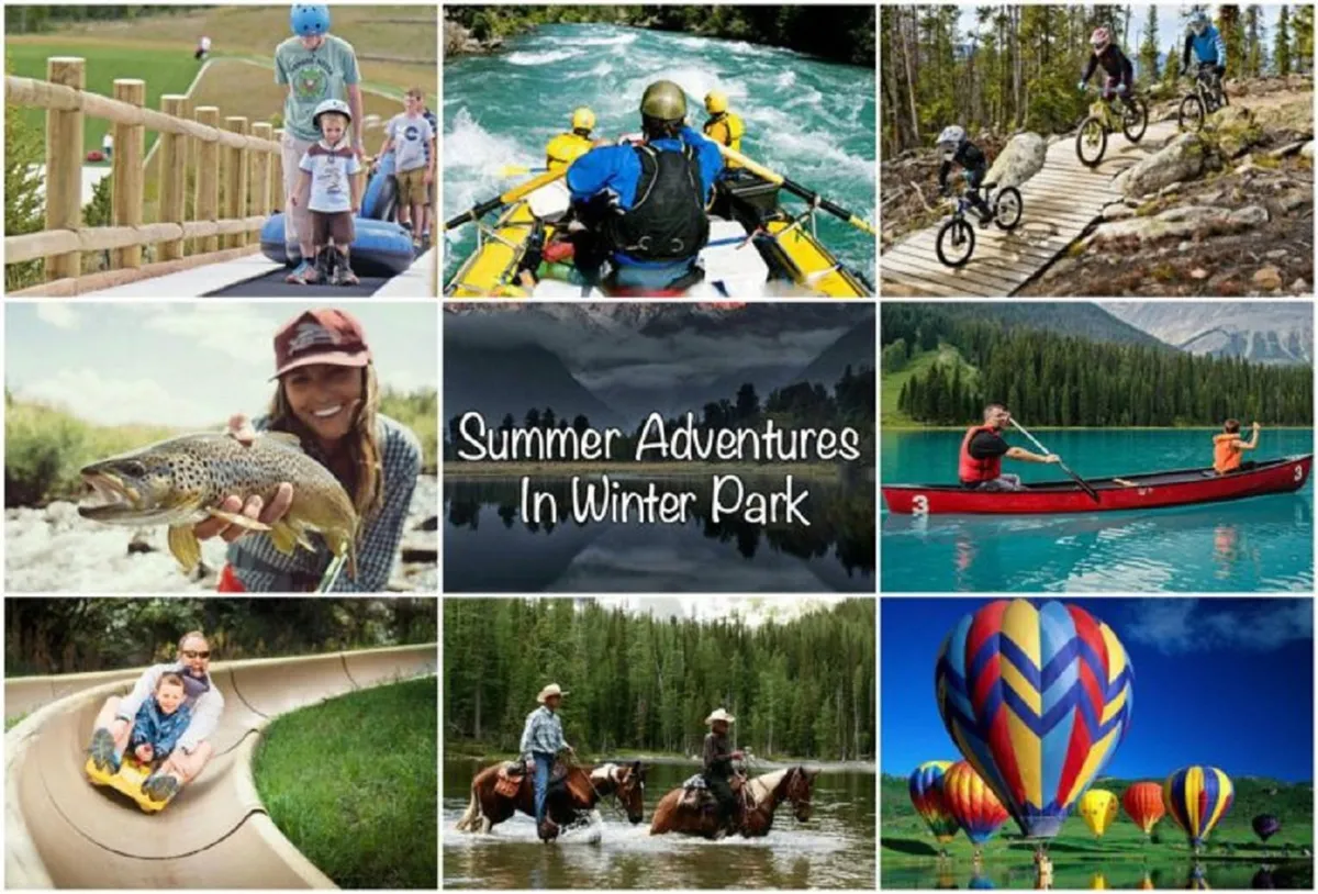 A lively outdoor scene featuring families and friends engaged in a variety of outdoor activities—rafting, biking, fishing, kayaking, horseback riding, summer tubing, and scenic hot air ballooning—surrounded by lush greenery and open space. The image is bursting with energy and adventure, capturing the essence of outdoor recreation in the Rockies.